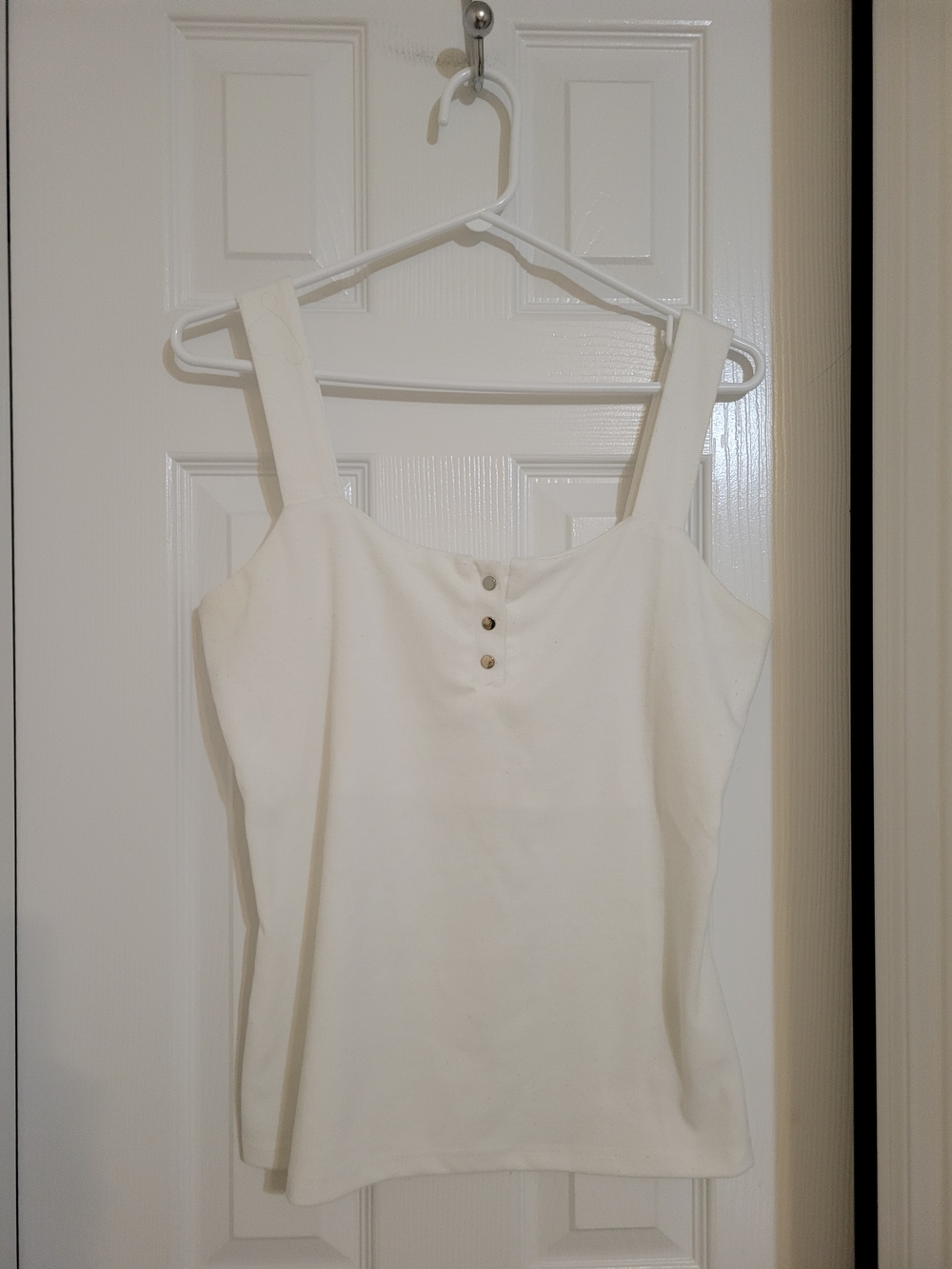 Women's White Square-Neck Tank Top with Button Detail Size L